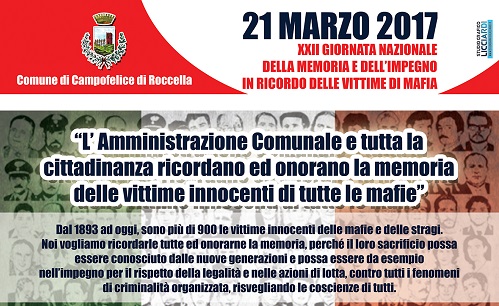 21.03.2017 – XXII Giornata Nazionale della Memoria e dell’impegno in ricordo delle vittime di mafia